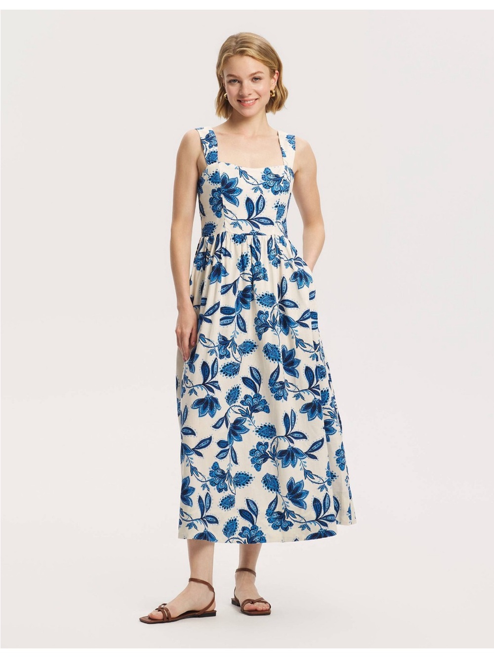 Wide straps Blue Floral Square-Neck Midi A line Dress